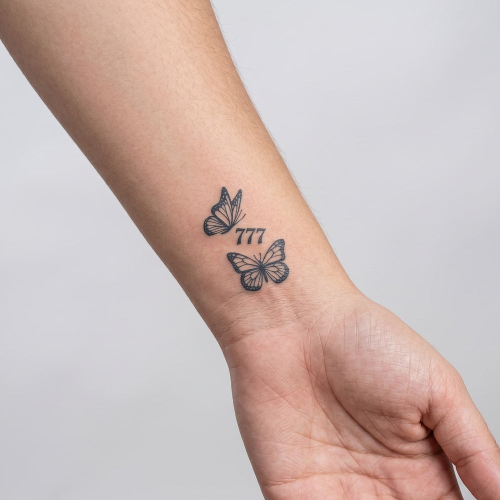 Tatouage ephemere papillon mini et chiffre chance 777