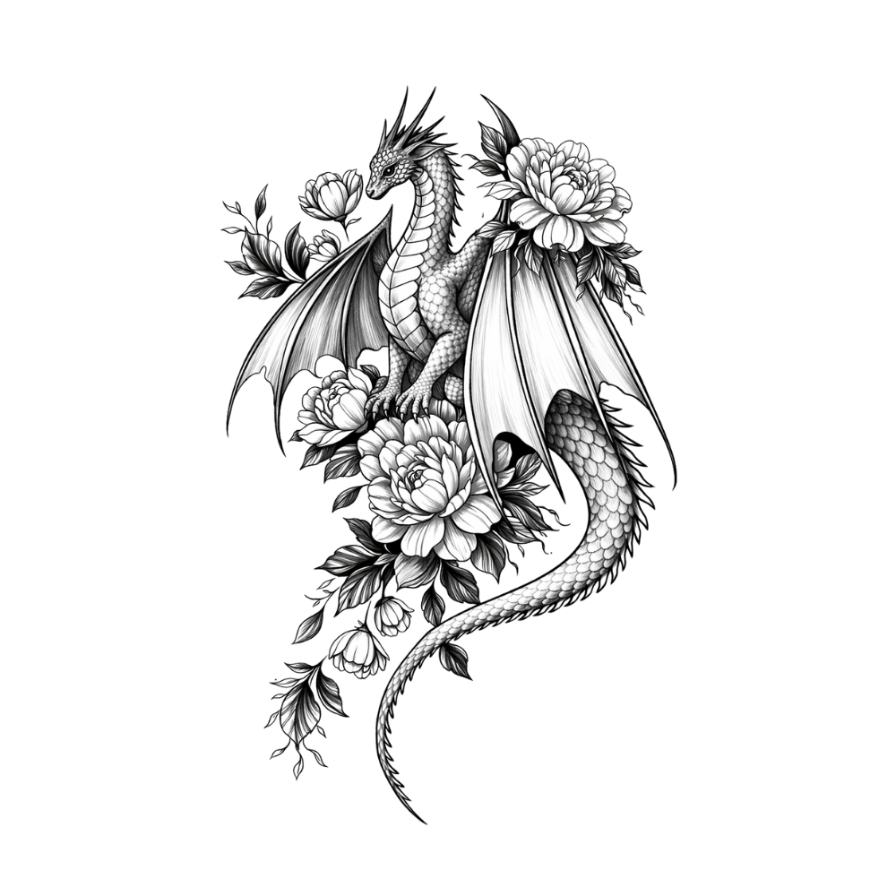 Tatouage ephemere dragon avec fleur