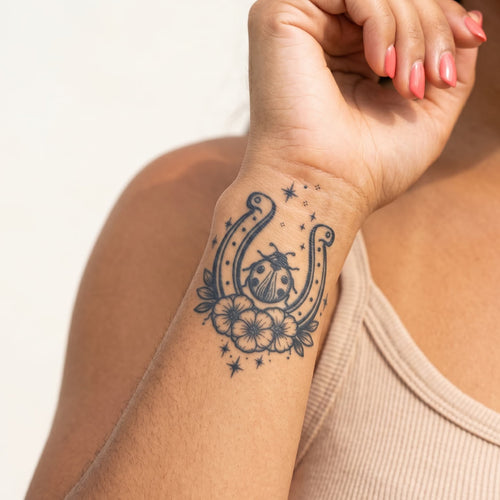 Tatouage temporaire coccinelle fer à cheval et fleur pour femme au poignet