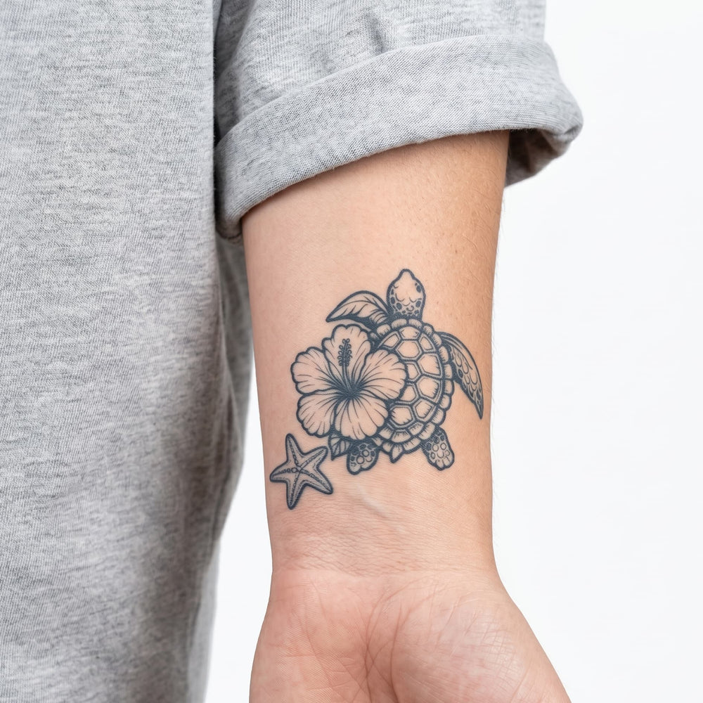 Tatouage ephemere tortue avec fleur pour femme idée tatouage
